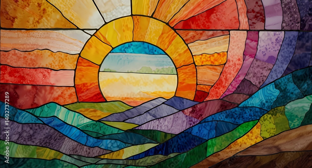 Fototapeta premium A vibrant stained glass artwork depicting a colorful sunset over a mountainous landscape design piece