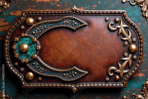 Distressed leather rodeo belt buckle worn patina, western wear, western belt buckle