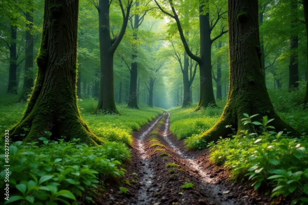 Obraz premium Muddy forest path with moss-covered trees and overgrown vegetation, texture, grunge