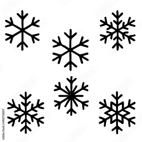 Set of six snowflake silhouette icons, black winter symbols for holiday, seasonal decoration, and cold weather designs
