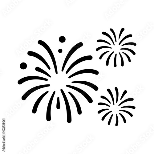 Fireworks silhouette icon set, black celebratory explosion graphics for festive events, holidays, and party decorations
