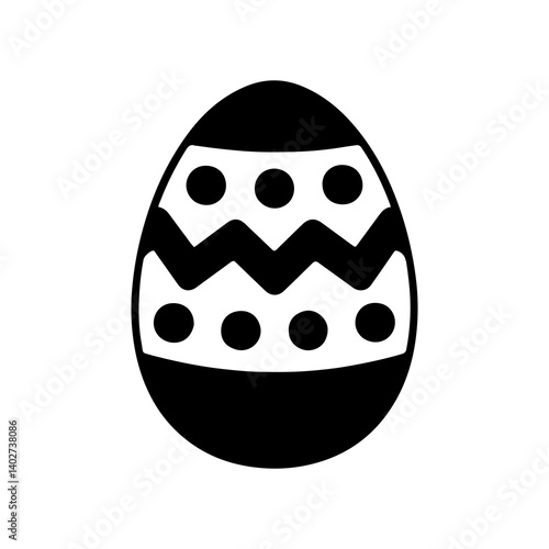 Decorated Easter egg silhouette icon, black and white festive symbol with zigzag and dot patterns for holiday and spring themes
