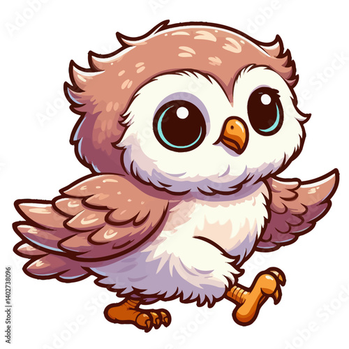 Charming cartoon illustration of a cute baby owl with big, adorable blue eyes, brown and white feathers, and a curious expression, taking a step. Represents adorable animals, nocturnal wildlife