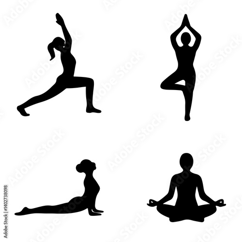 Silhouettes of women in various yoga poses, black icons representing fitness, meditation, flexibility, and mindfulness practice
