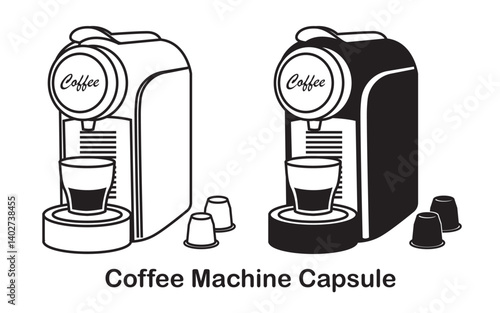 Capsule Coffee Machine Vector Outline Illustration Concept Black And White. Home Coffee Machine Vector fo Capsule and cup of Espresso Coffee Concept