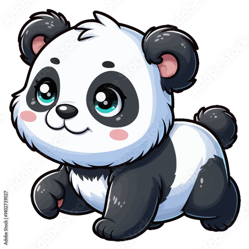 Charming cartoon illustration of a cute baby panda with big, adorable eyes, characteristic black and white markings, and a playful expression, crawling. Represents adorable animals, endangered species