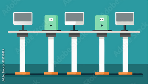 A row of standing desks with builtin power outlets and adjustable monitors.
