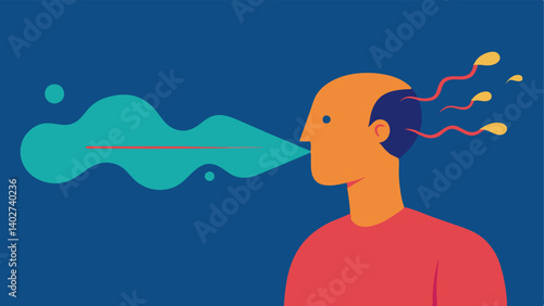 Stress Reduction An illustration of a person exhaling with visual stress lines dissipating into air symbolizing the reduction of tension through the use of a brainwave device.