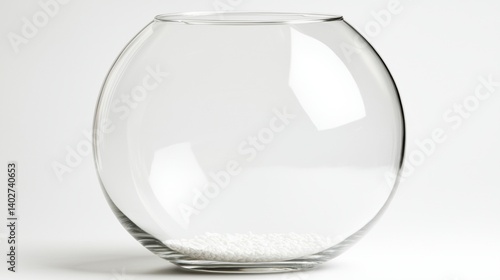 An empty, clear glass vase with a white substance inside.