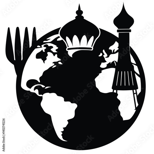 Global Cuisine Logo: World Globe with Fork, Russian Architecture, Food Culture Icon, Black and White Graphic Design