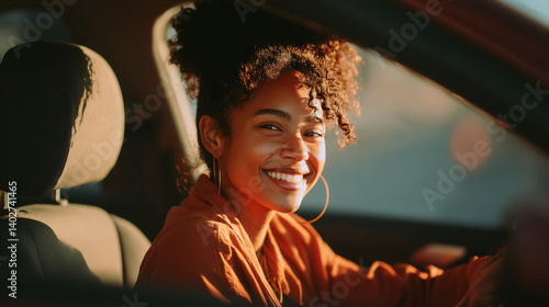 Portrait of smiling young woman driving car happy driver road trip travel transportation vehicle journey