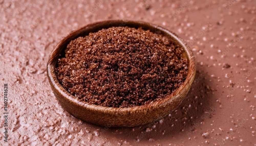 a wooden bowl filled with rich, dark brown sugar crystals a wooden bowl filled with rich, dark brown sugar crystals