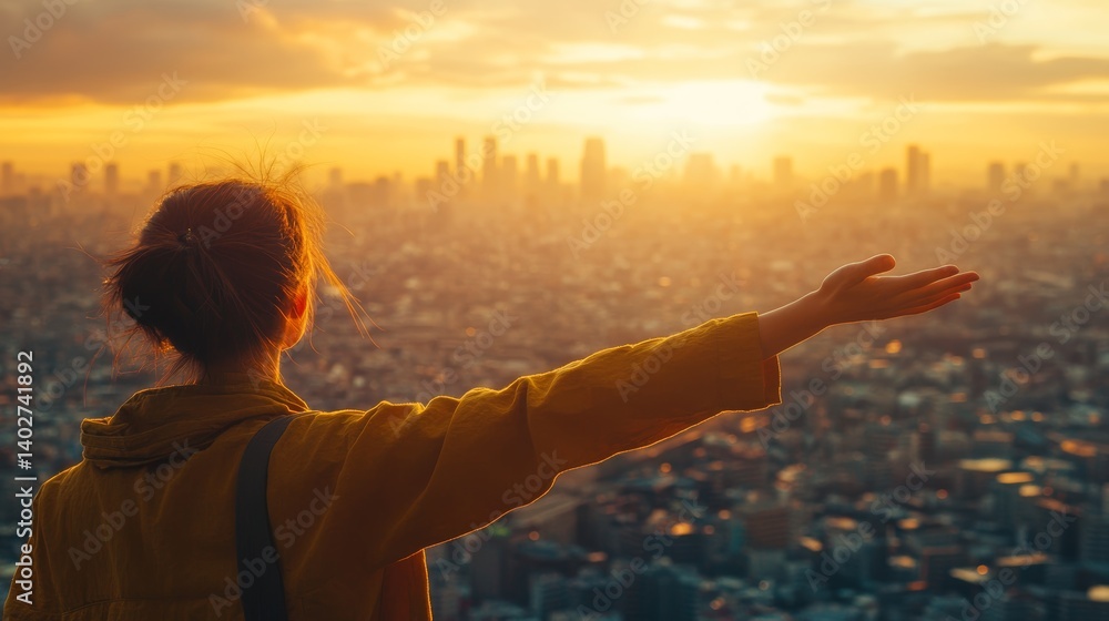 Fototapeta premium Woman reaching for success urban skyline background optimism opportunity concept for future growth achievement vibrant city view inspiring travel and finance goals 
