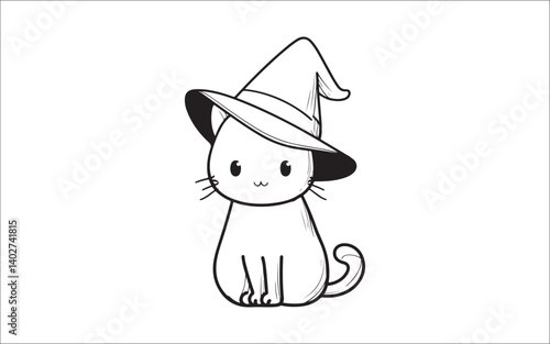 Cute Witch Cat Line Art – Halloween Magical Kitty Drawing
