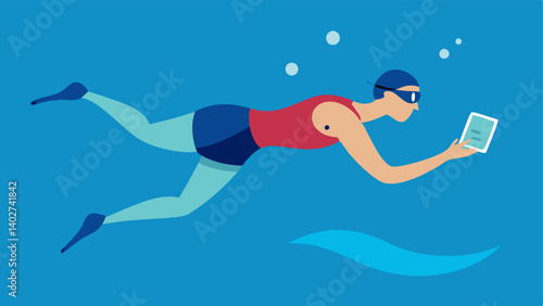 Respiration Monitoring A swimmer underwater with a digital device showing their breathing rate indicating adjustments to improve lung capacity.