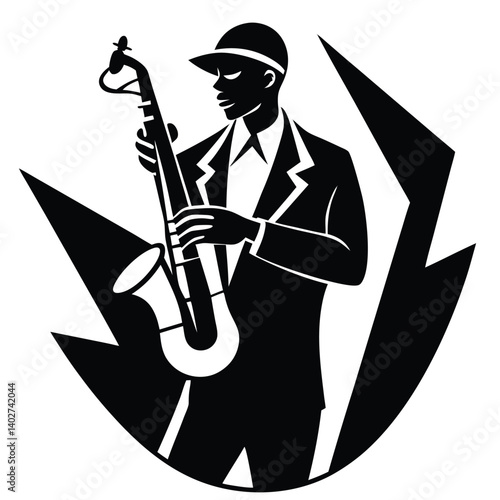 Saxophone Player Vector Illustration: Silhouette of Jazz Musician with Sax in Black and White, Retro Style Music Art