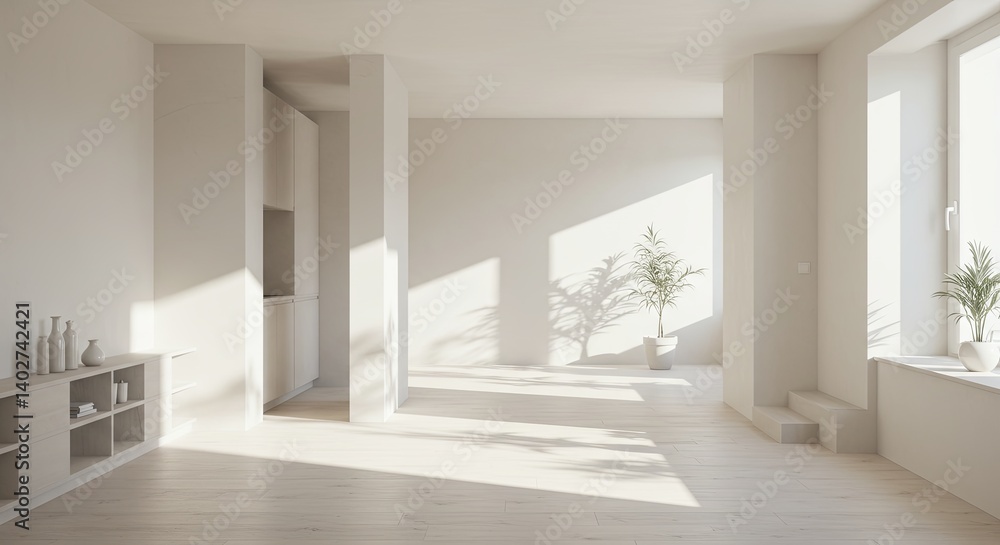 Fototapeta premium A large, empty room with a white wall and a white floor