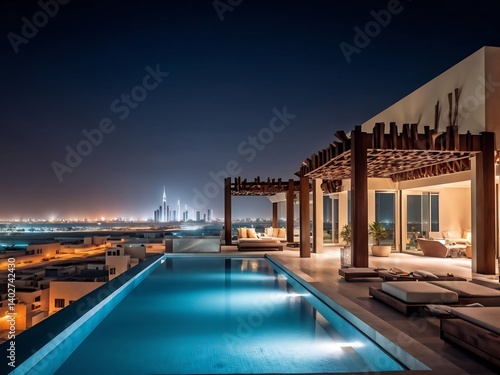 Nighttime View of a Modern Rooftop Pool with City Skyline in the Background
