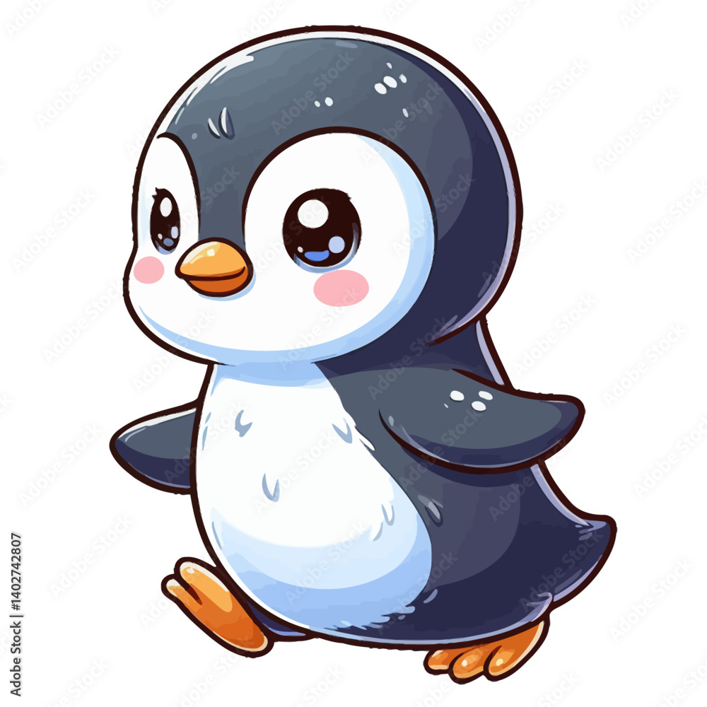 Obraz premium Charming cartoon illustration of a cute baby penguin with big, adorable eyes, fluffy gray and white feathers, and a playful expression, waddling. Represents adorable animals, Antarctic wildlife