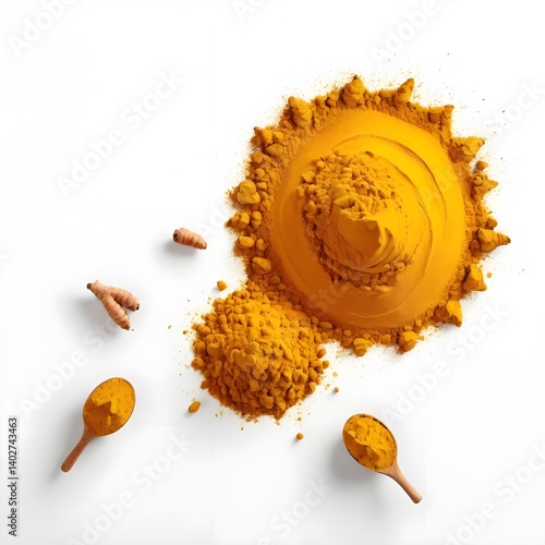 Turmeric Powder, Roots, and Spoons on White Background