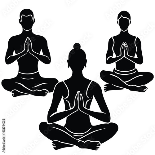 Yoga Meditation Silhouette Vector: Lotus Pose, Mindfulness, Wellness, Spiritual Practice, Black & White Illustration