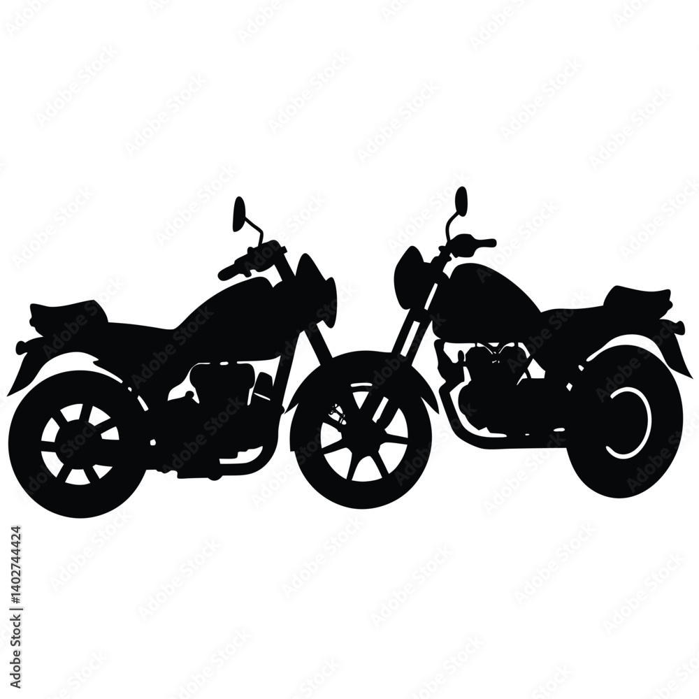Fototapeta premium Motorcycle Silhouette Vector: Two Classic Cruiser Bikes Graphic, Black and White Illustration for Design Projects & Automotive Enthusiasts