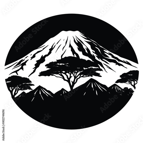 Black and White Mountain Landscape Illustration: Mount Kilimanjaro Silhouette with African Trees and Peaks in Circular Design
