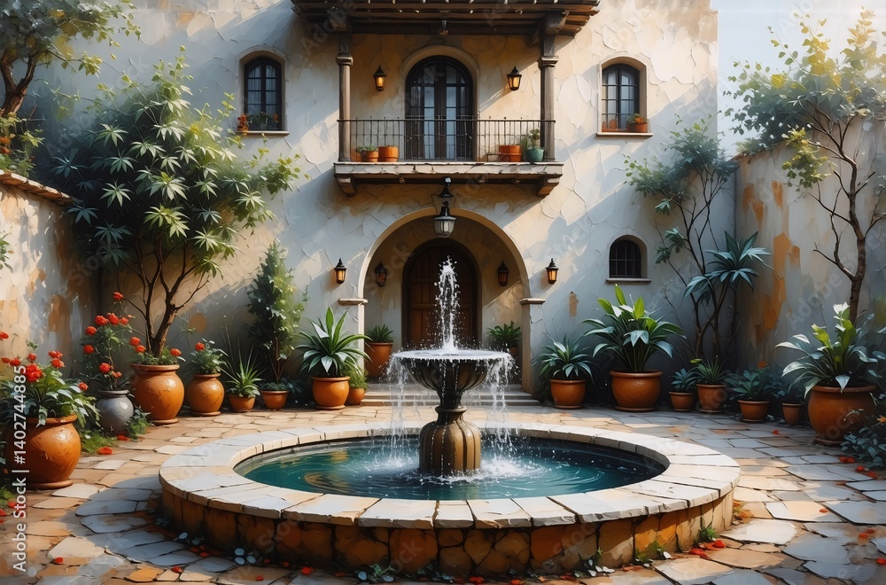 Sun-drenched courtyard with a central fountain, terracotta pots overflowing with lush greenery, and a grand entrance to a Mediterranean-style villa. The scene evokes tranquility and old-world charm. Sun-drenched courtyard with a central fountain, terracotta pots overflowing with lush greenery, and a grand entrance to a Mediterranean-style villa. The scene evokes tranquility and old-world charm.