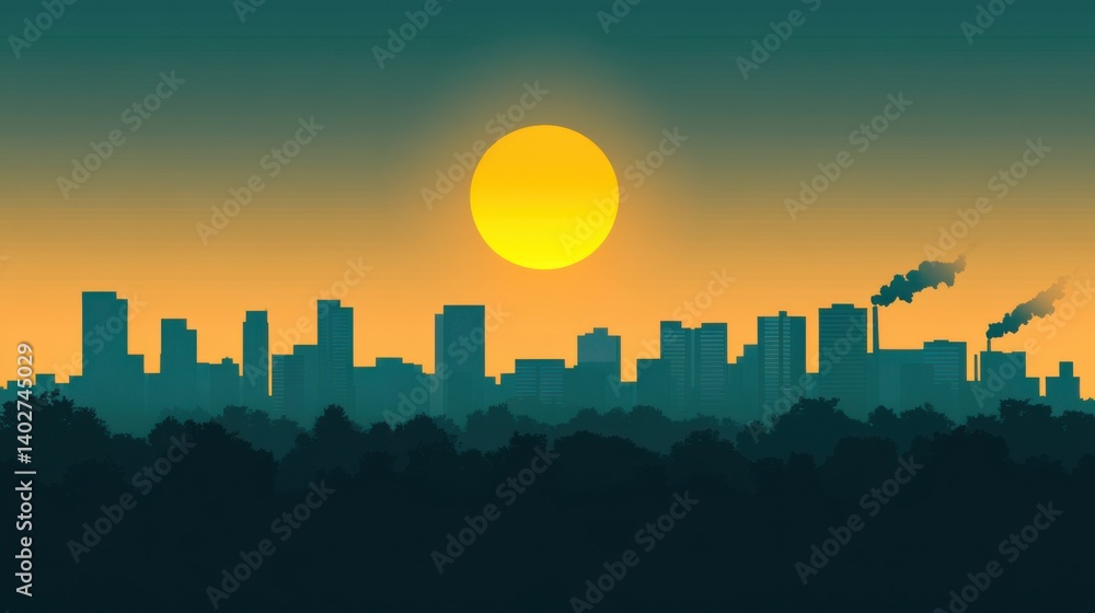 Urban Skyline Silhouette Against Vibrant Sunset with Smokestacks and Lush Green Foreground Urban Skyline Silhouette Against Vibrant Sunset with Smokestacks and Lush Green Foreground