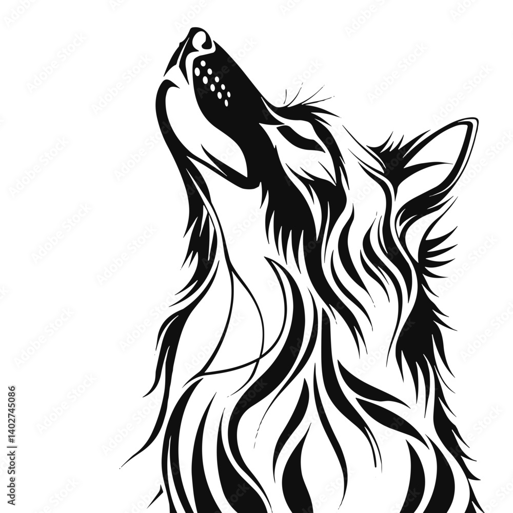 Fototapeta premium Stylized wolf illustration howling with flowing fur details in black on transparent background, creative concept 