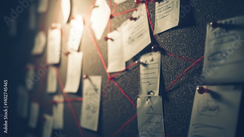 Analyzing Evidence on Cork Board with Red String for Crime Investigation