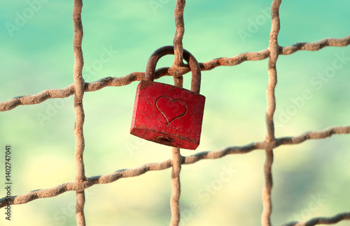 Red padlock with heart on the fence