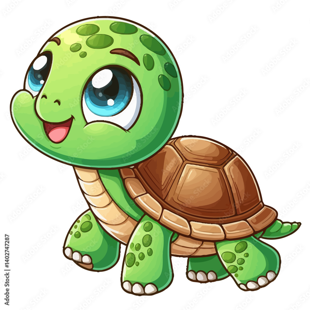 Fototapeta premium Charming cartoon illustration of a cute green sea turtle with big, adorable eyes and a gentle smile, swimming or crawling. Represents adorable animals, marine wildlife, and children's themes.