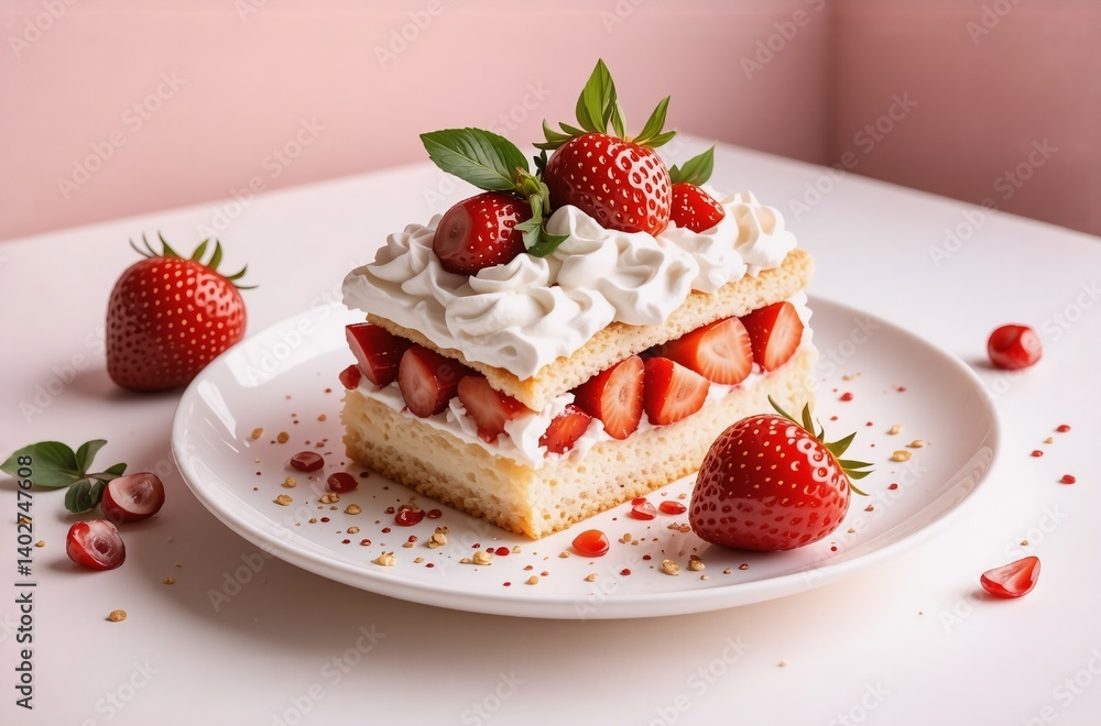 A delectable strawberry shortcake slice, layered with whipped cream and fresh strawberries, sits on a white plate. Garnished with additional berries and sprinkles, it's a perfect summer dessert. A delectable strawberry shortcake slice, layered with whipped cream and fresh strawberries, sits on a white plate. Garnished with additional berries and sprinkles, it's a perfect summer dessert.