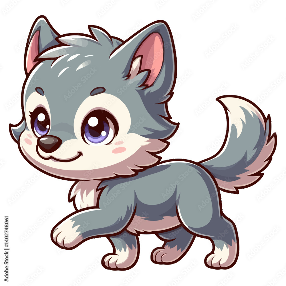 Fototapeta premium Charming cartoon illustration of a cute gray wolf cub with big, adorable eyes, fluffy fur, and a playful expression, taking a step. Represents adorable animals, woodland wildlife, and children's theme