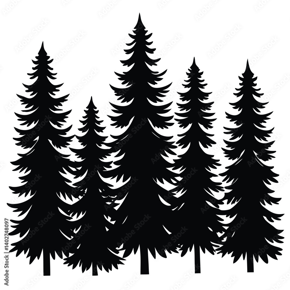 Obraz premium Silhouette of Pine Trees: Evergreen Forest Vector Illustration, Nature Landscape Graphic, Conifer Trees Clipart, Black and White Design
