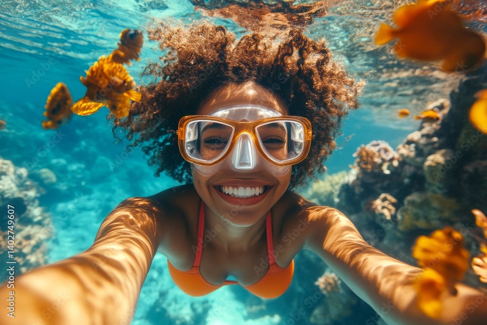 Naklejka premium Bright commercial style image. A pretty and sexy happy asian young woman with blond hair in a swimming mask and fins snorkeling among the corals. Many tropical fish swim next to her.