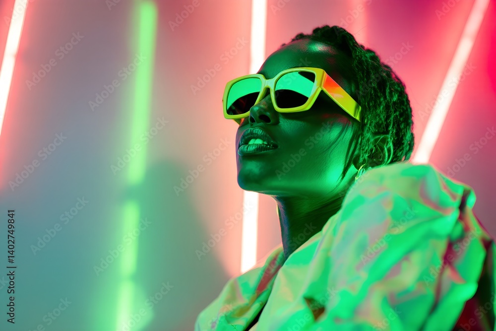 Stylish Black woman in sunglasses under vibrant neon lighting