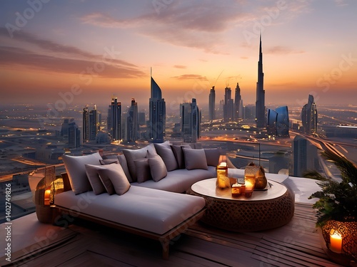 Rooftop Terrace with Breathtaking Dubai Skyline at Sunset