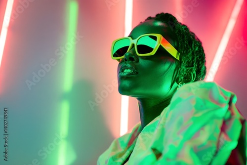 Obraz na płótnie Stylish Black woman in sunglasses under vibrant neon lighting w salonie
