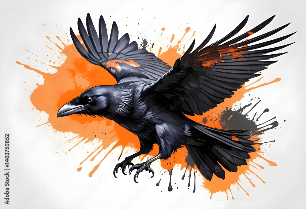 Fototapeta premium Raven in Flight, Orange Ink Splatter