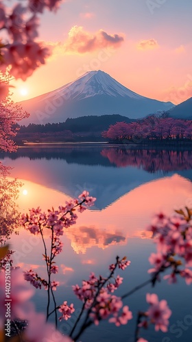 Serene sunset phone wallpaper with Mount Fuji reflection and blooming cherry blossoms

