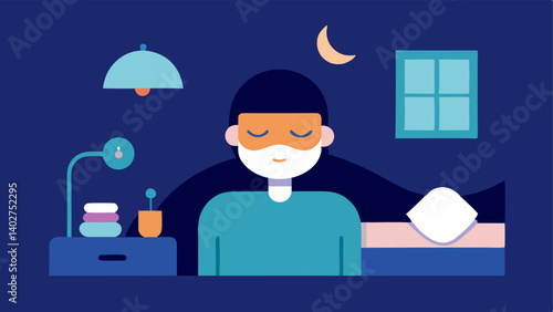 Sleep Optimization A peaceful bedroom scene featuring an individual sleeping soundly with sleep aids like a white noise machine and eye mask emphasizing restful sleep.