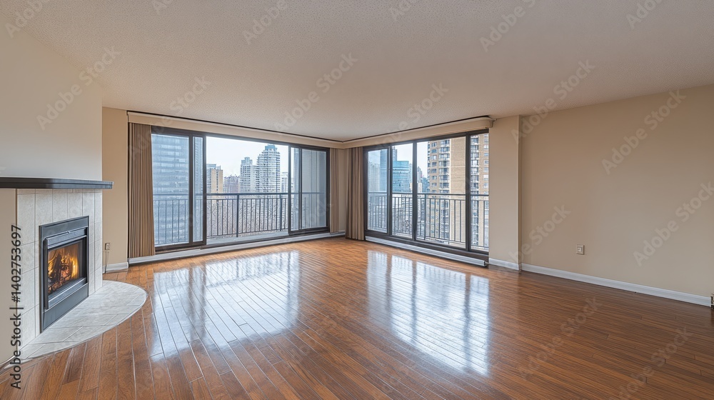 Empty living room showcases fireplace and city views from balcony Empty living room showcases fireplace and city views from balcony