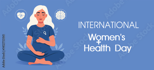Pregnant girl hugs herself, puts her hands on her heart and belly. Brain and heart, symbol of calm and clear mind. Women's Mental Health Day. Vector illustration for health and psychology projects