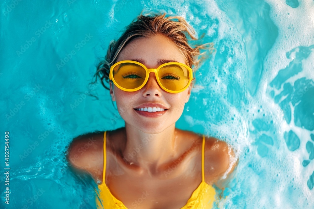 Naklejka premium Pretty and hot happy brazilian young woman in yellow enjoying turquoise sea, splashes around her. Bright Ñommercial style. Happy stress-free getaway creative. Summer fun in the sea.