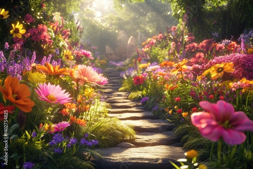 Sunlit stone path winds through a vibrant, colorful garden bursting with blooming flowers.