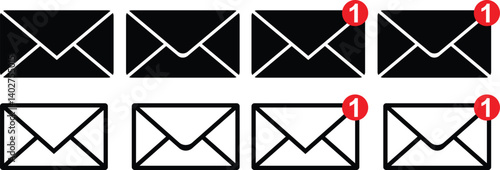 Email Envelope Icon with Notification Badge for Digital Communication , email icon set Design
