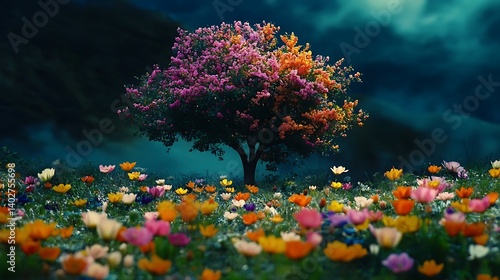 A tree growing from soil surrounded by a meadow of colorful flowers in full bloom