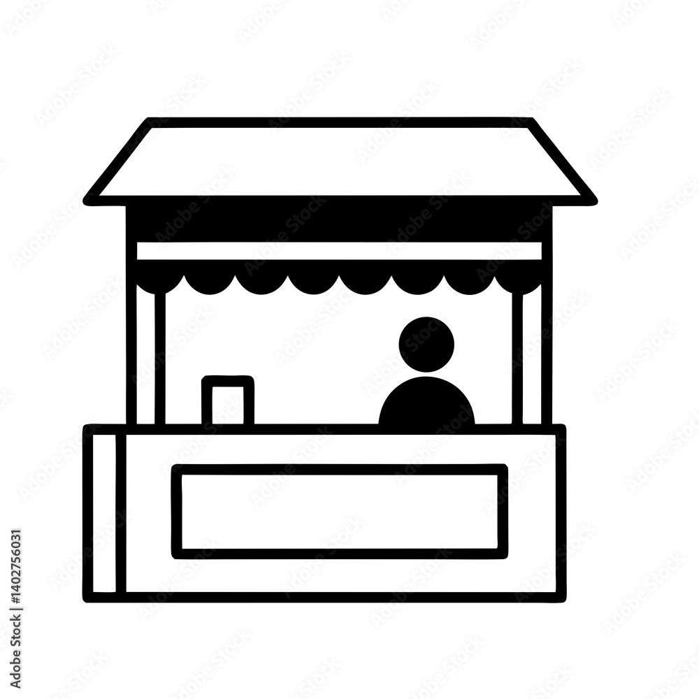 Market Stall Vector Illustration With Person In Black And White Outline Style Market Stall Vector Illustration With Person In Black And White Outline Style